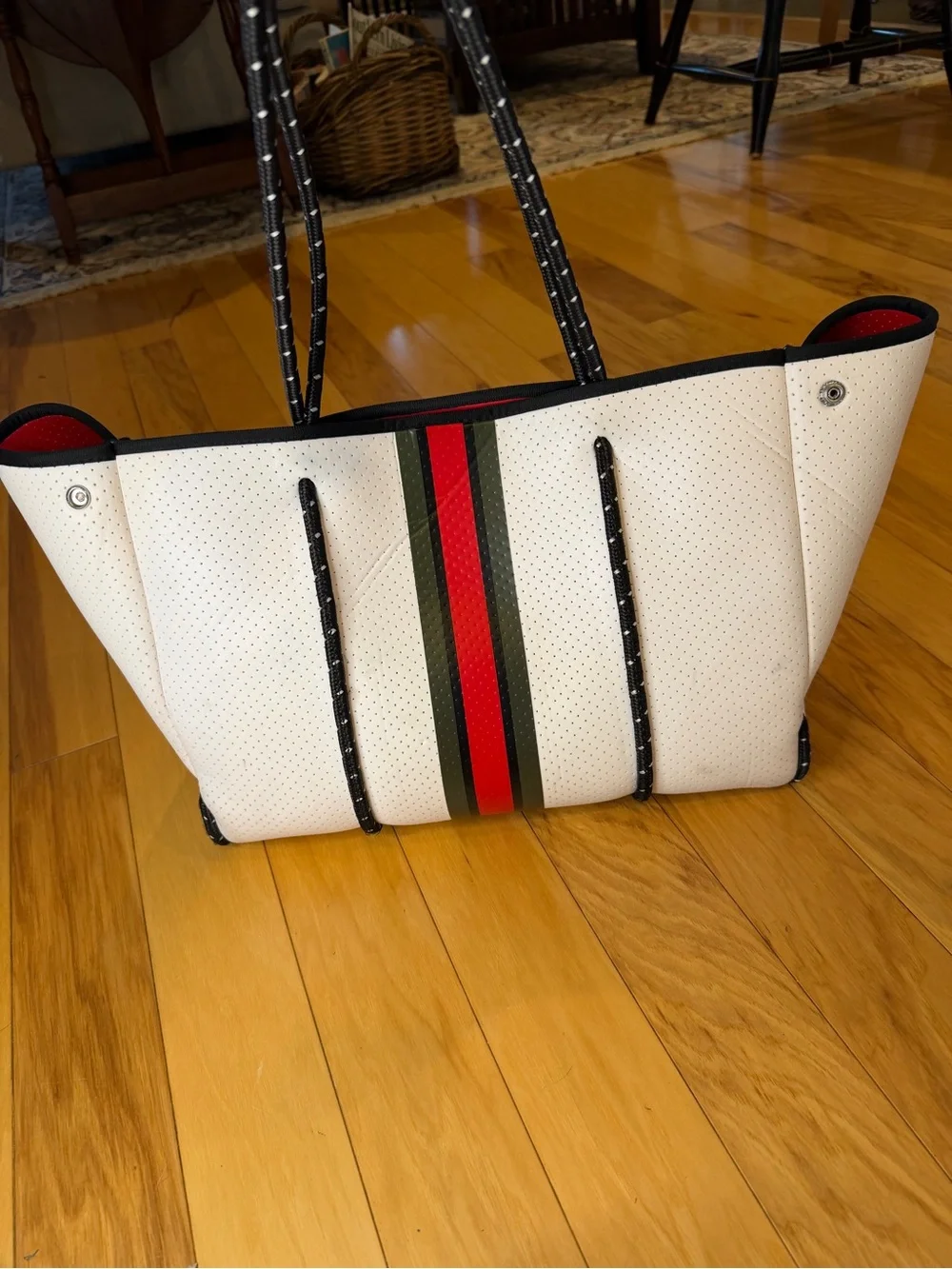 HAUTE SHORE White Neoprene Tote with Red and Green Center Stripe